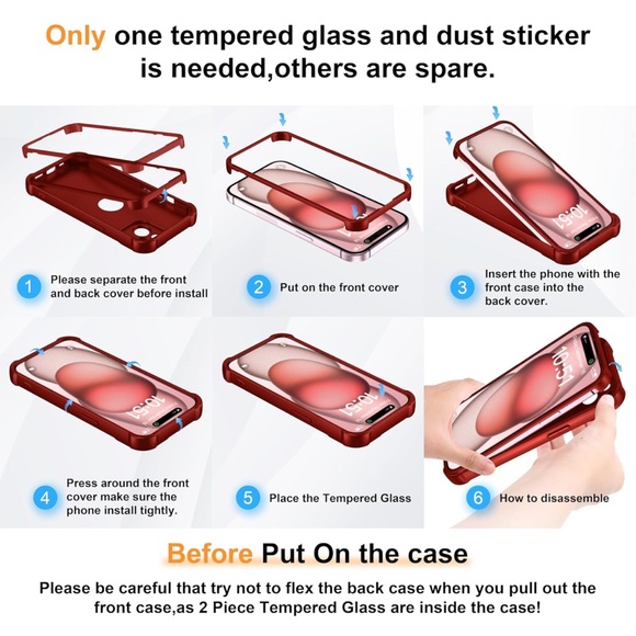 IP 15 Heavy Duty, 2 pc Toughness Tempered Glass, Slim Red Phone Case - Picture 6 of 7